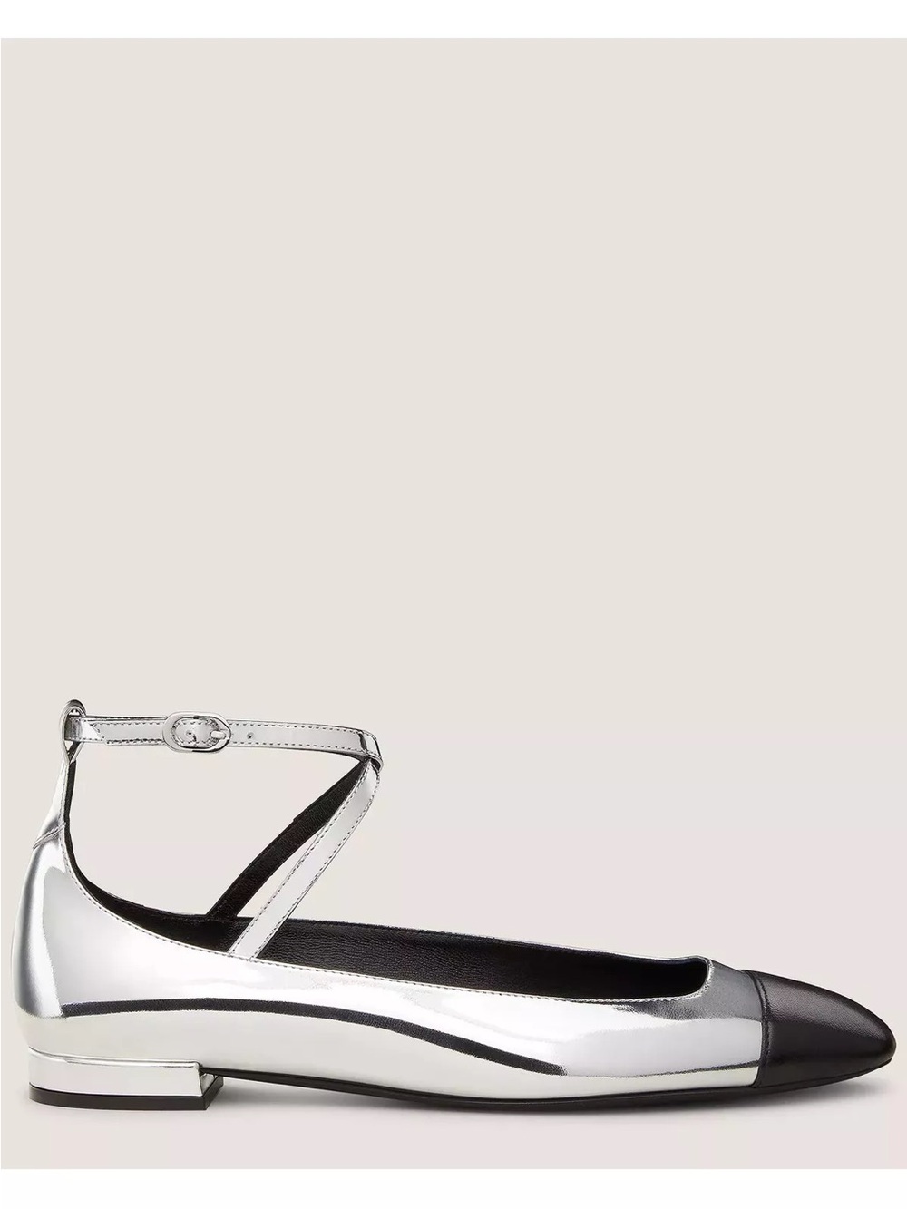 STUART WEITZMAN Eden Leather Silver Metallic Ankle-Strap Cap-Toe Flats Shoes